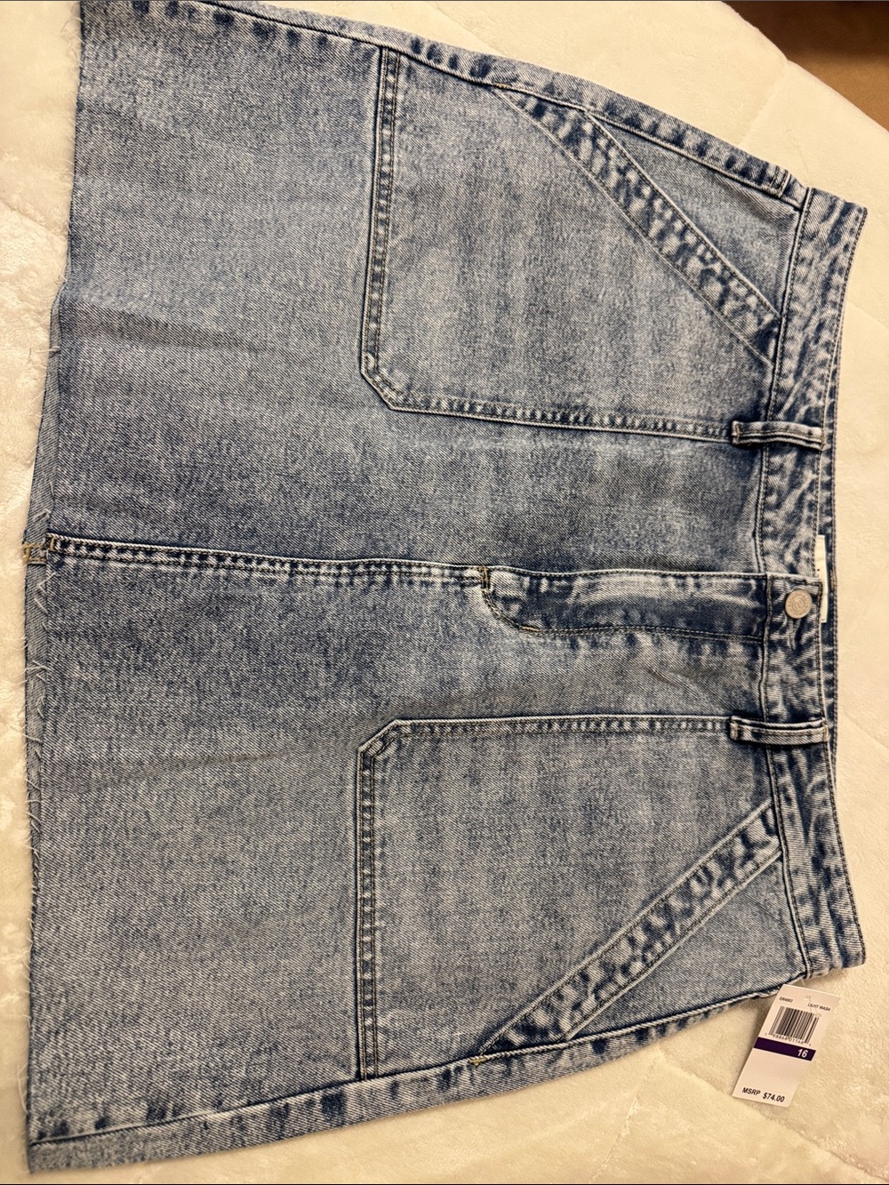Light Blue Denim Mini Skirt with Front Patch Pockets - Women